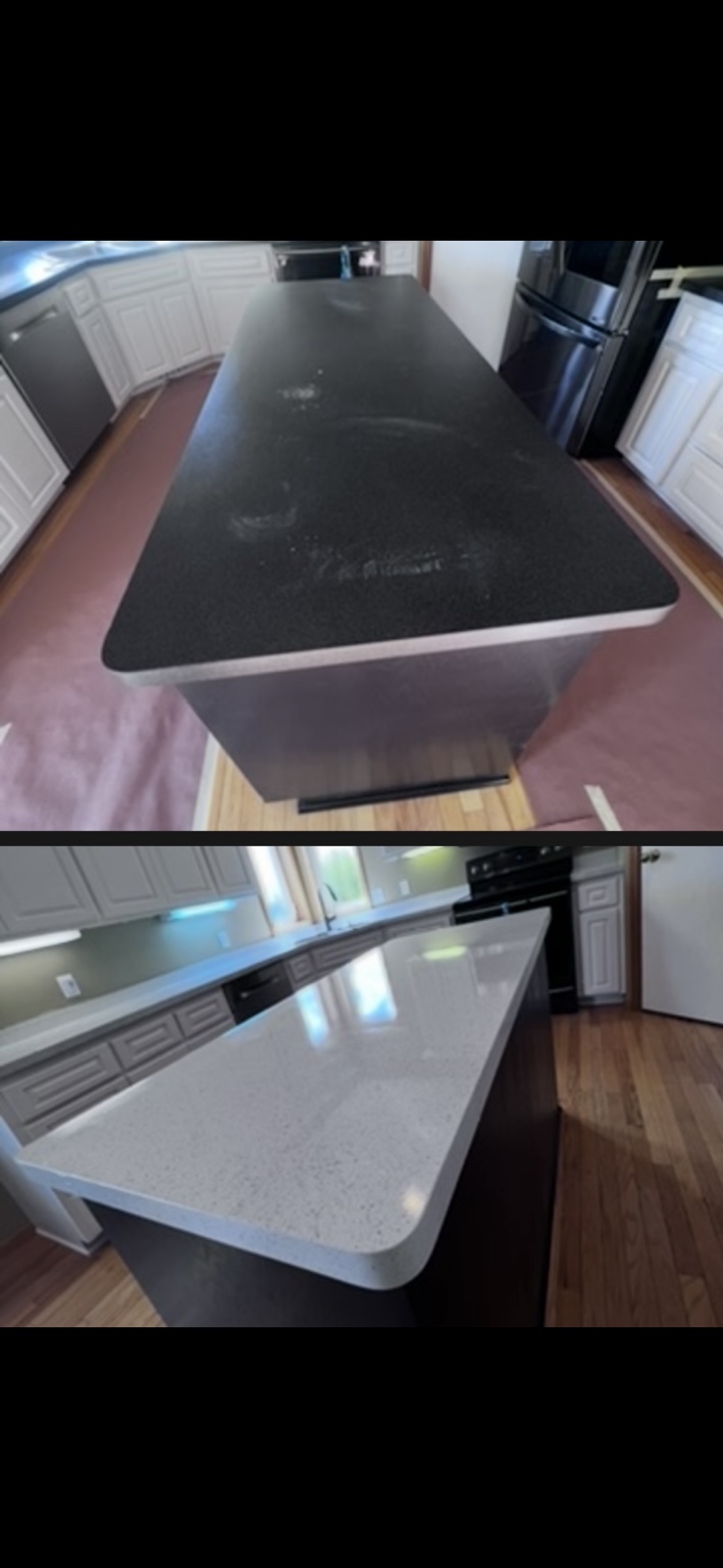Kitchen island countertop before and after refinishing